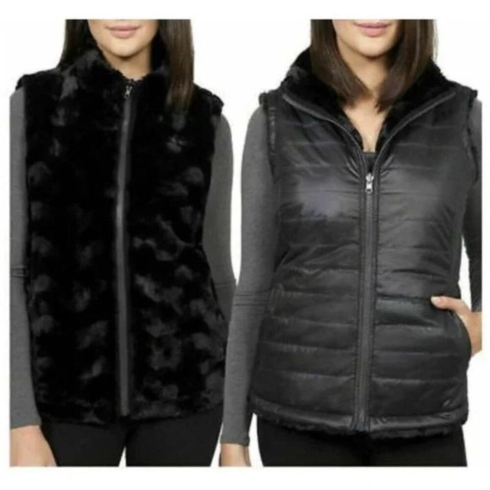 Nicole Miller Women's Original Faux Fur Reversible Vest Large Black Reversible